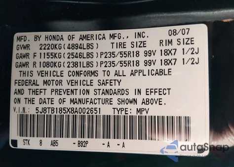 2008 Acura Rdx from USA, damaged, VIN 5J8TB185X8A002651